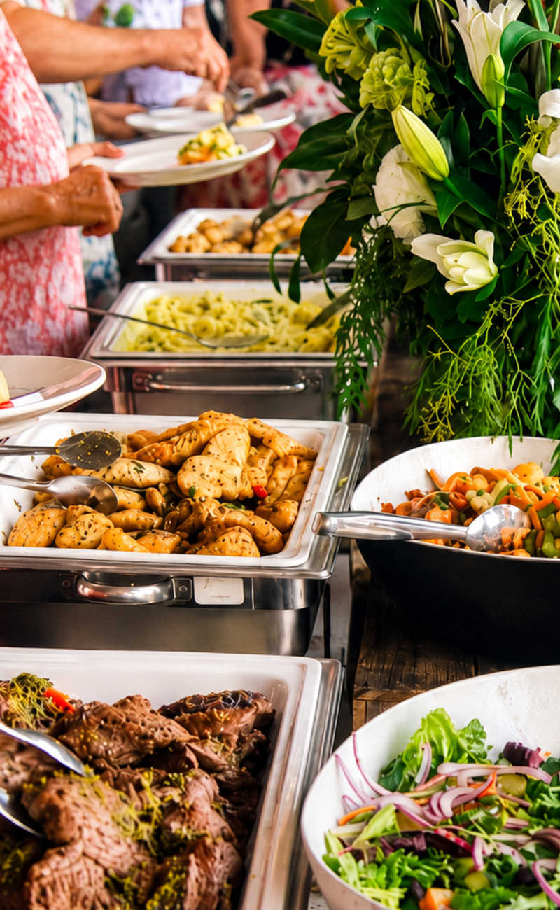 Zengin yemek çeşitleriyle donatılmış açık büfe catering masası